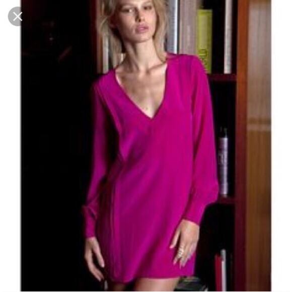 RORY BECA | PInk / Fuschia Silk V Neck Long Sleeve Shift Mini Dress | Small - Picture 1 of 8